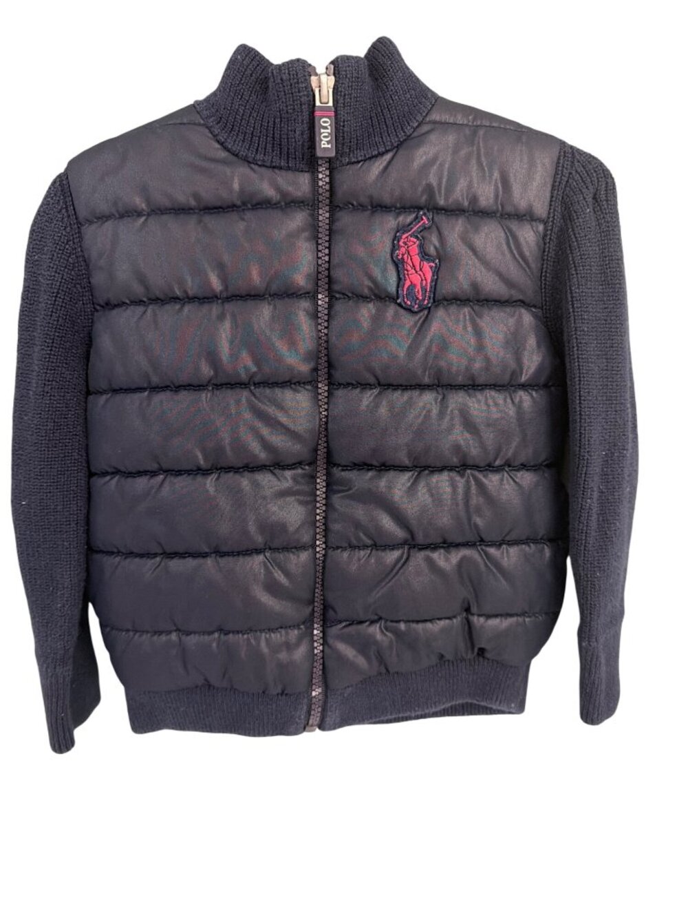 Polo Ralph Lauren Boys 2/2T Navy Puffer Knit Sleeve Jacket With Red Pony Logo